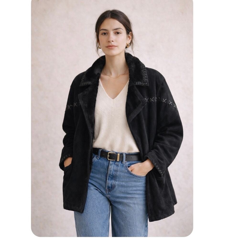 Vintage Black Genuine Suede Leather Coat Faux Fur Lining Oversized Large